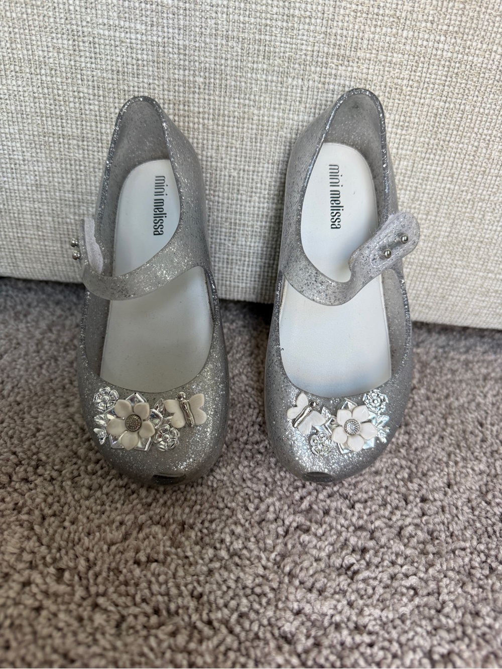 Mini Melissa Silver Glitter Mary Jane Shoes with Flower Accents